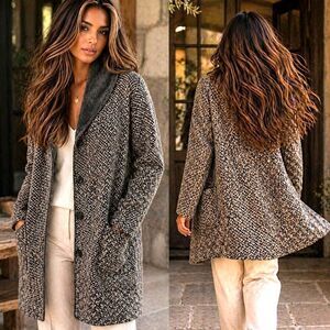 J.Jill Tweed M Knit Heritage Luxury Coatigan Brown Gray Button Up Shawl Collar